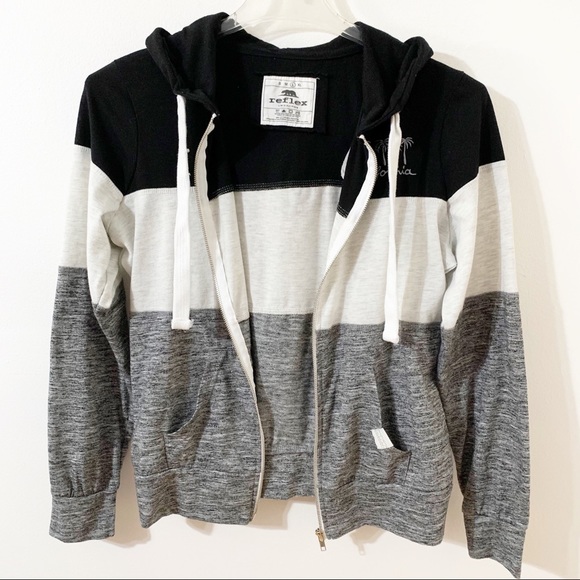 Reflex Front Zip Striped Long Sleeve Hoodie Drawstring California Embroidered - Picture 6 of 14